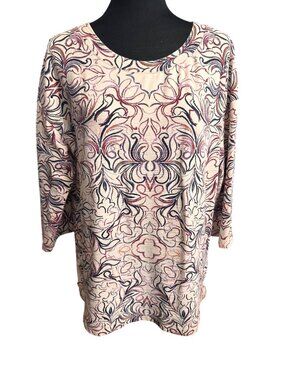 T by Talbots Shirt XL Floral Cream Blue Purple 3/4 Sleeve Women